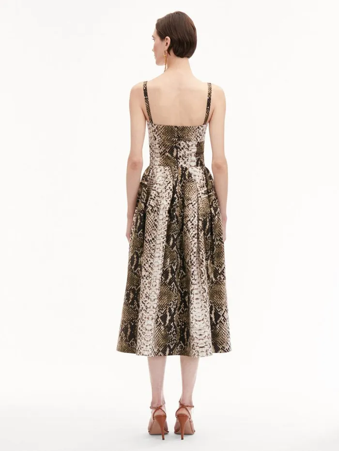 Oscar De La Renta Snake Cotton Poplin Dress Olive Women Dresses