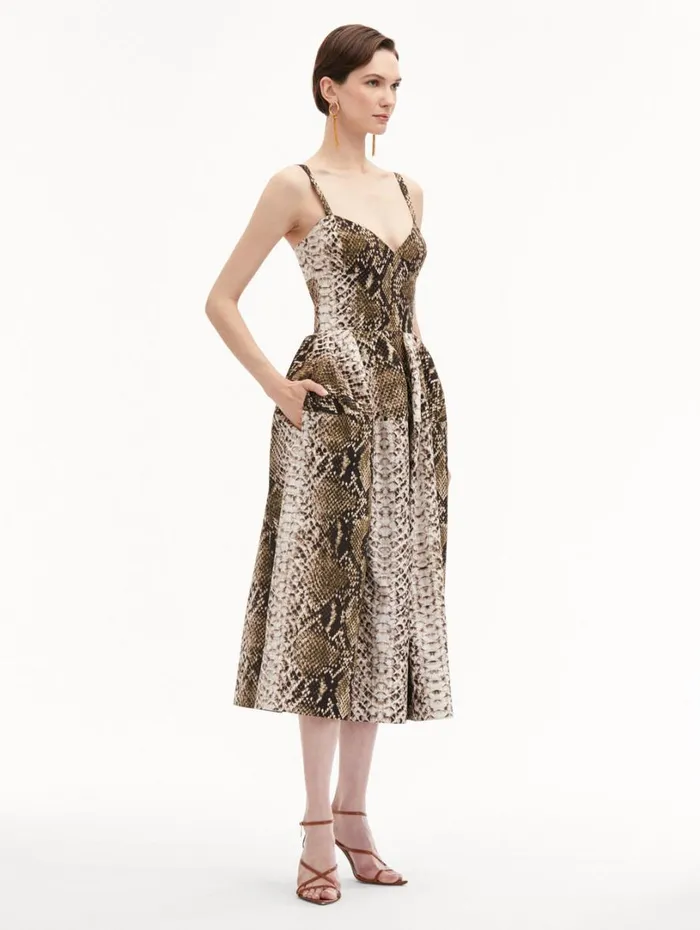 Oscar De La Renta Snake Cotton Poplin Dress Olive Women Dresses