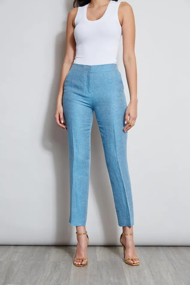 Outlet 8211 Women Bottoms Elie Tahari Linen Straight Leg Pant Blue Beyond