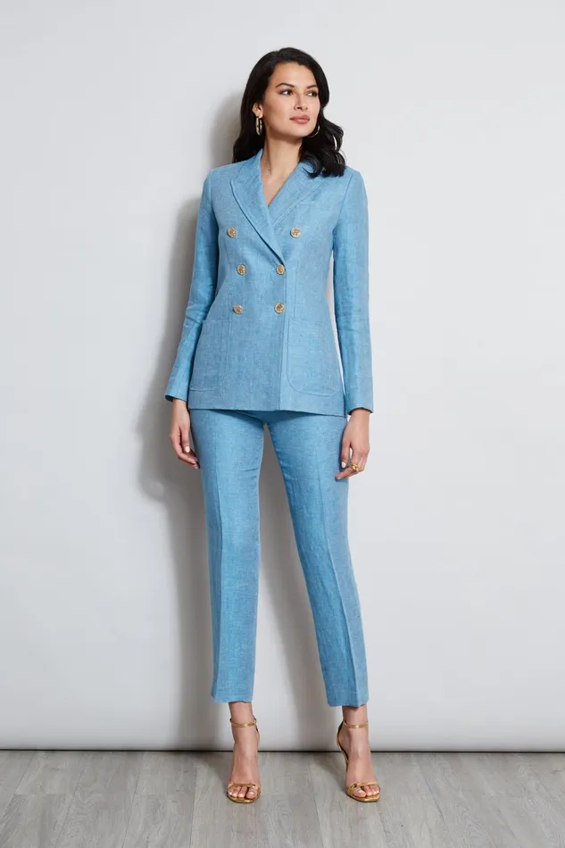 Outlet 8211 Women Bottoms Elie Tahari Linen Straight Leg Pant Blue Beyond