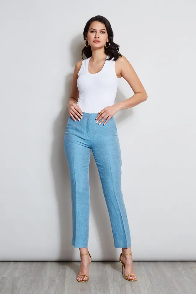 Outlet 8211 Women Bottoms Elie Tahari Linen Straight Leg Pant Blue Beyond