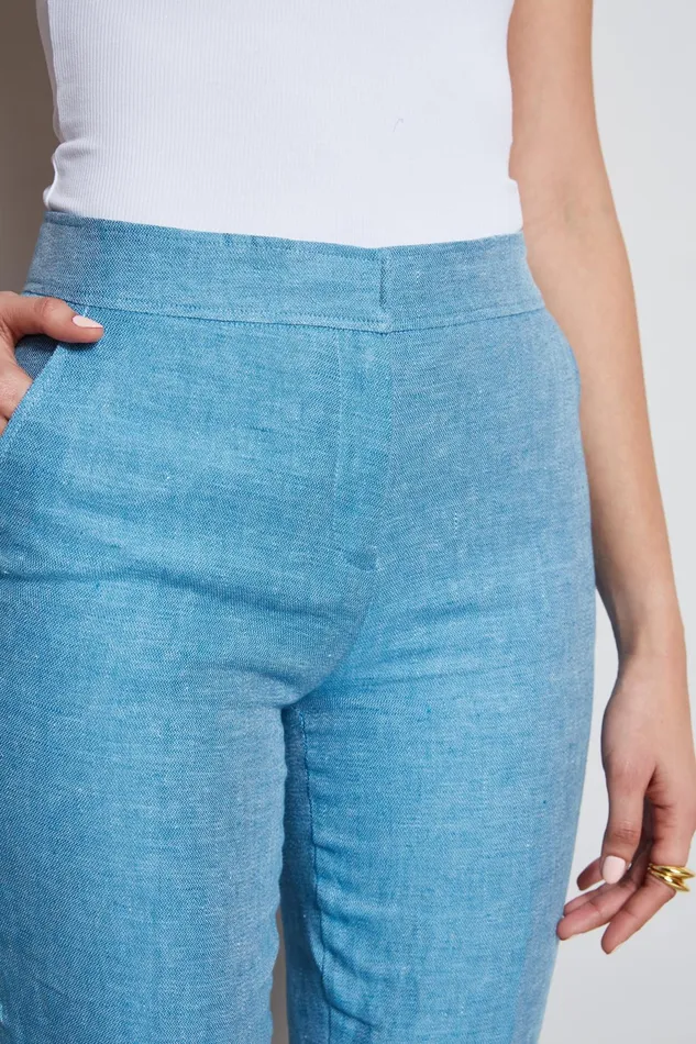 Outlet 8211 Women Bottoms Elie Tahari Linen Straight Leg Pant Blue Beyond