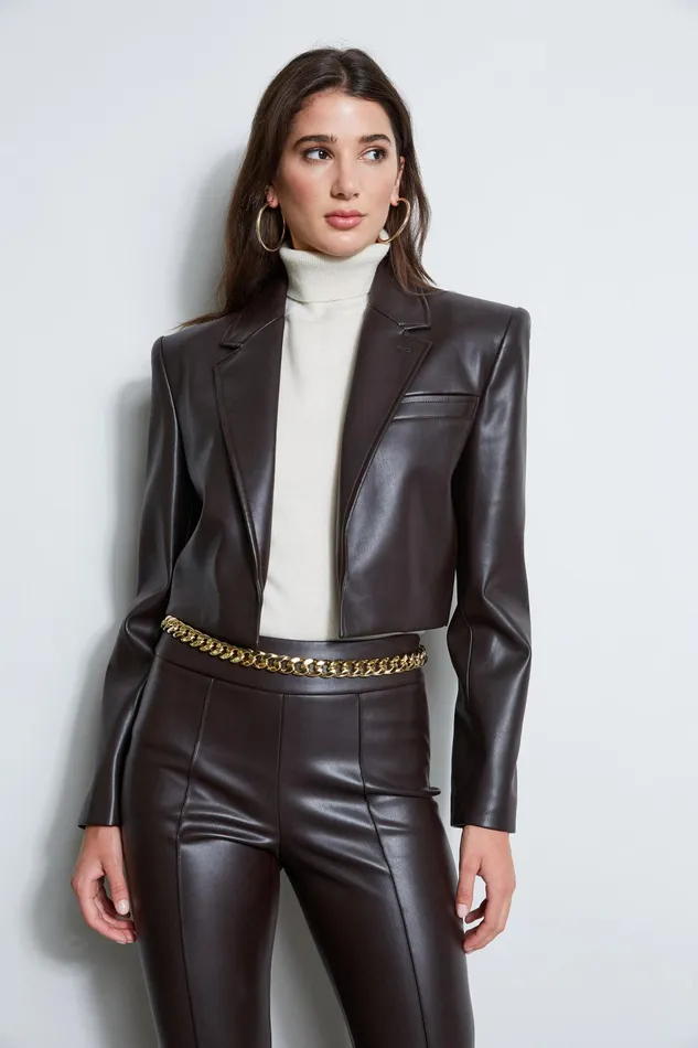 Outlet 8211 Women Jackets and Blazers Elie Tahari Cropped Vegan Leather Jacket Espresso