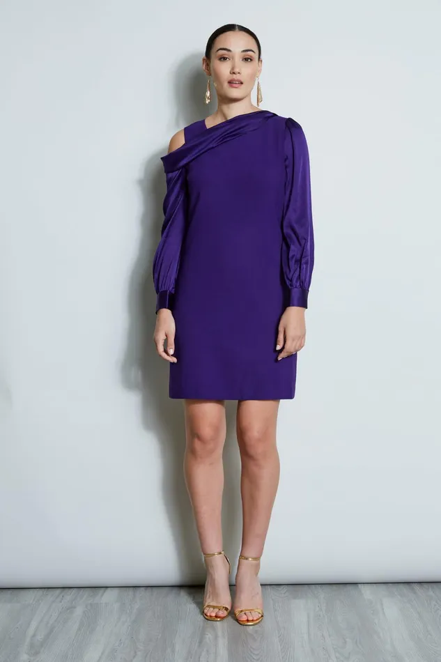 Outlet 8211 Women Long Sleeve Dresses Elie Tahari Draped Satin Shoulder Dress Winter Plum