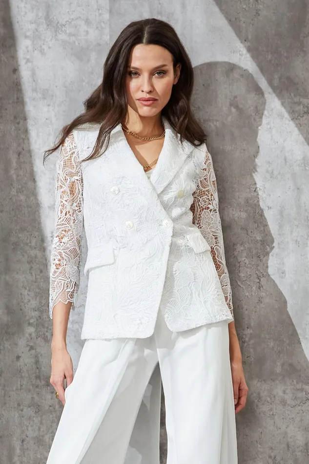 Outlet 8211 Women Suiting Elie Tahari Double Breasted Lace Blazer Foam