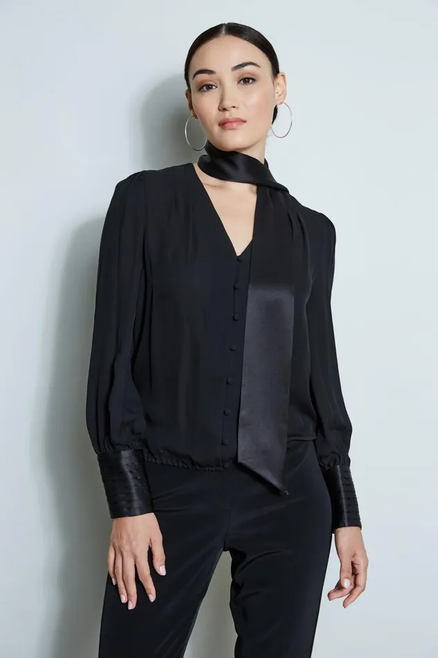 Outlet 8211 Women Tops Elie Tahari Blouson Satin Tie Shirt Black
