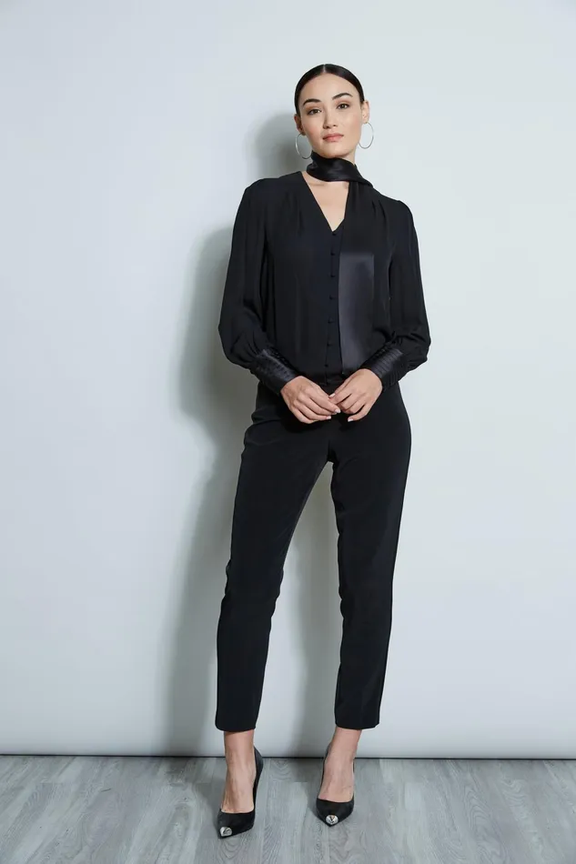 Outlet 8211 Women Tops Elie Tahari Blouson Satin Tie Shirt Black