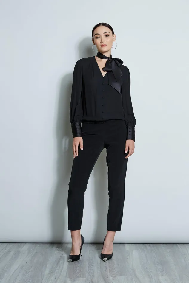 Outlet 8211 Women Tops Elie Tahari Blouson Satin Tie Shirt Black