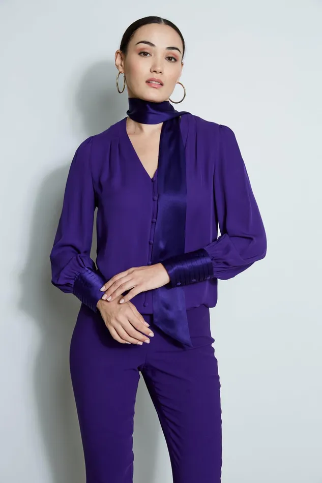 Outlet 8211 Women Tops Elie Tahari Blouson Satin Tie Shirt Winter Plum