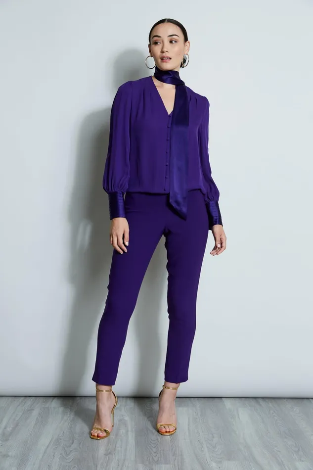 Outlet 8211 Women Tops Elie Tahari Blouson Satin Tie Shirt Winter Plum