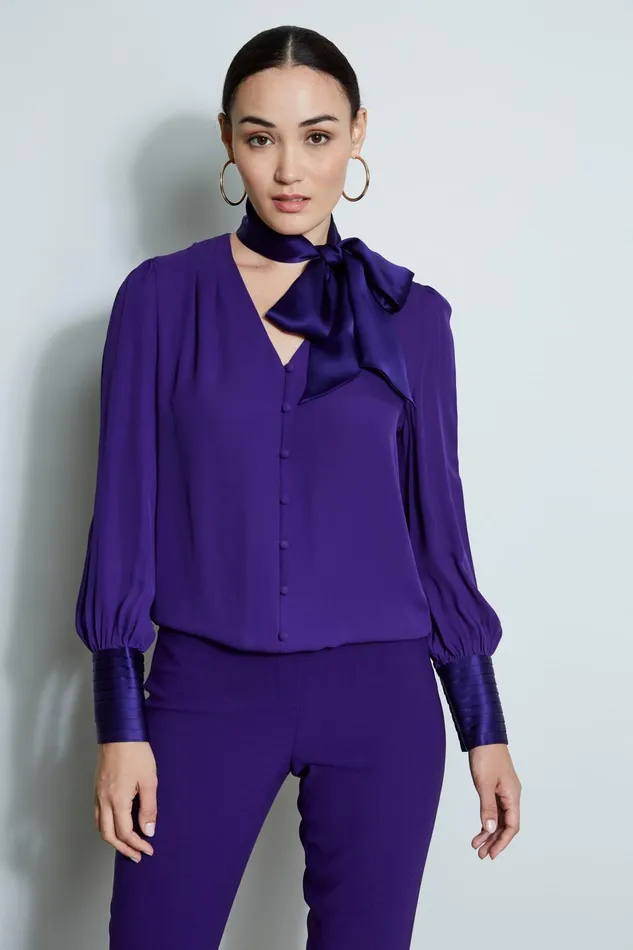 Outlet 8211 Women Tops Elie Tahari Blouson Satin Tie Shirt Winter Plum