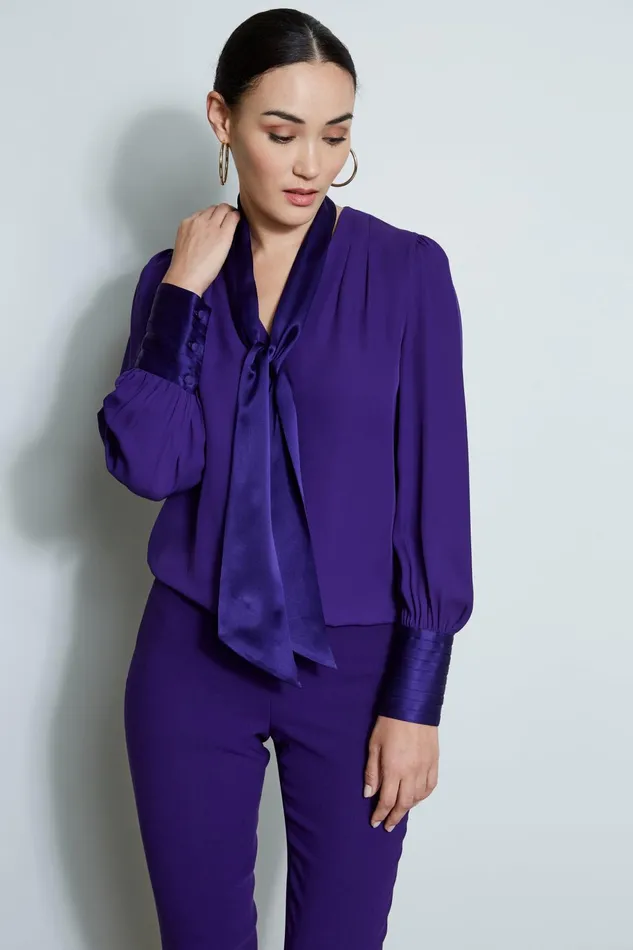 Outlet 8211 Women Tops Elie Tahari Blouson Satin Tie Shirt Winter Plum