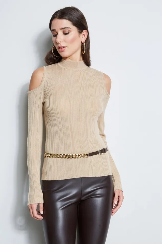 Outlet 8211 Women Tops Elie Tahari Cold Shoulder Mock Neck Sweater Camel