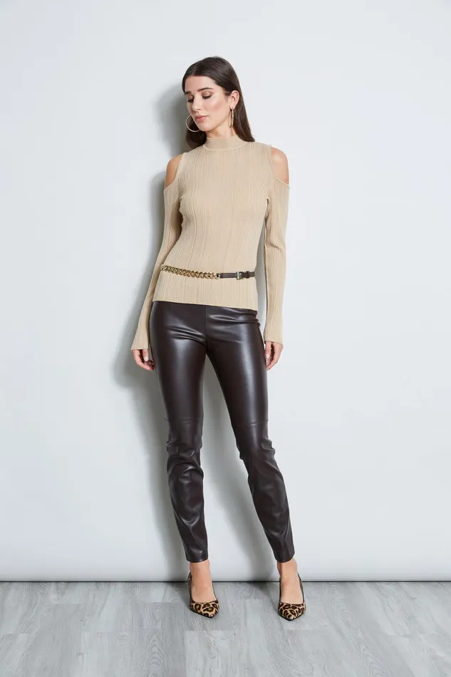 Outlet 8211 Women Tops Elie Tahari Cold Shoulder Mock Neck Sweater Camel