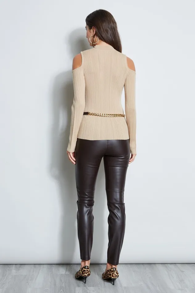 Outlet 8211 Women Tops Elie Tahari Cold Shoulder Mock Neck Sweater Camel