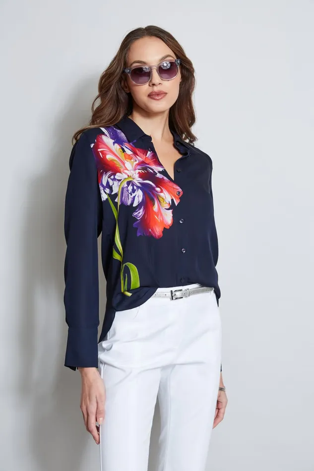 Outlet 8211 Women Tops Elie Tahari Digital Floral Silk Shirt Stargazer Multi