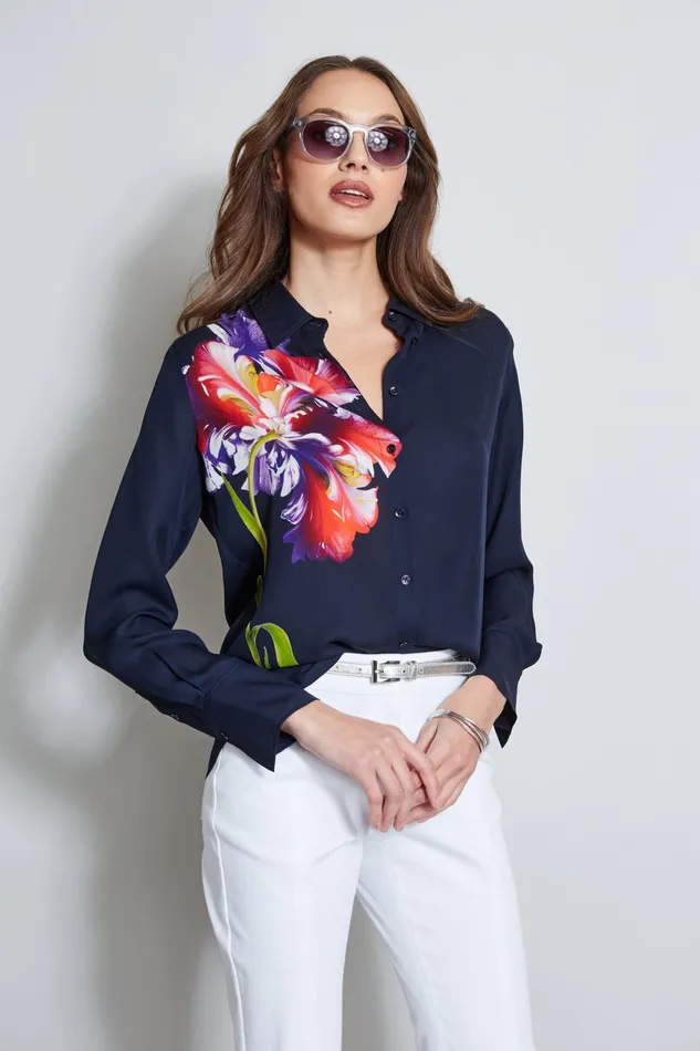Outlet 8211 Women Tops Elie Tahari Digital Floral Silk Shirt Stargazer Multi