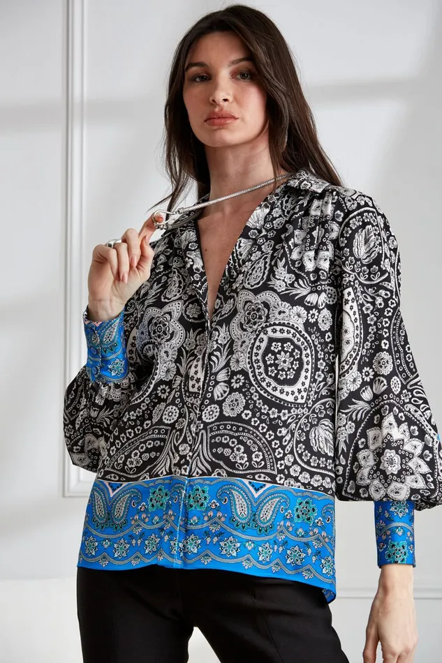 Outlet 8211 Women Tops Elie Tahari Eclipse Scarf Print Shirt Eclipse Floral Print