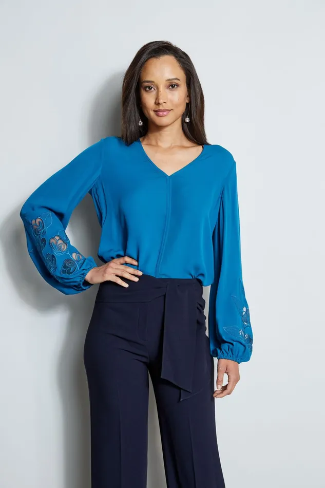 Outlet 8211 Women Tops Elie Tahari Embroidered Long Sleeve Shirt Pacific Blue