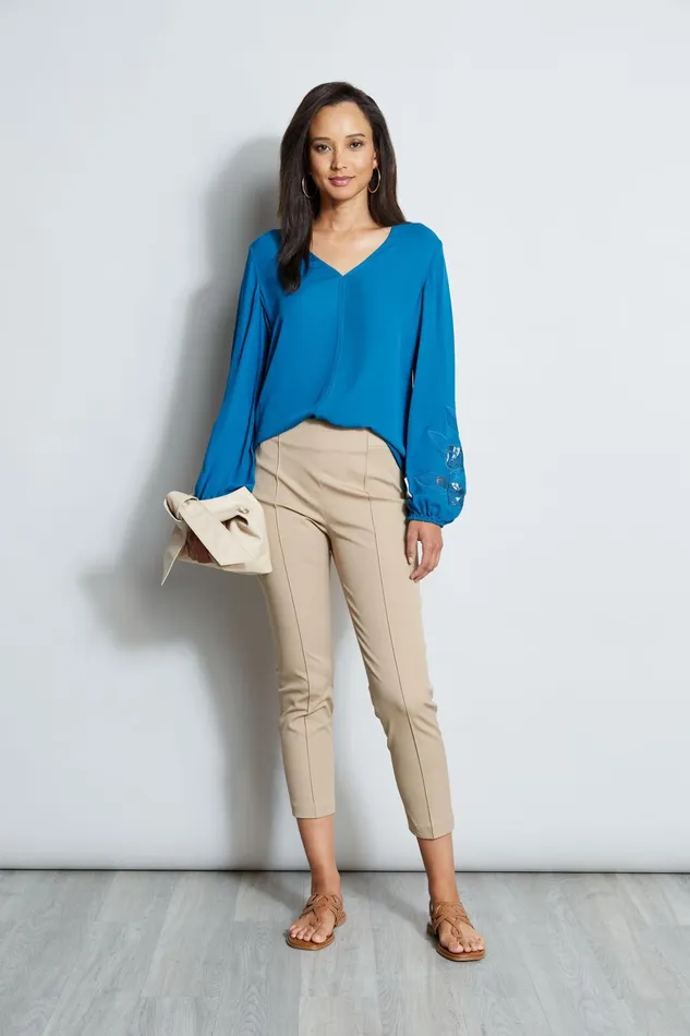 Outlet 8211 Women Tops Elie Tahari Embroidered Long Sleeve Shirt Pacific Blue