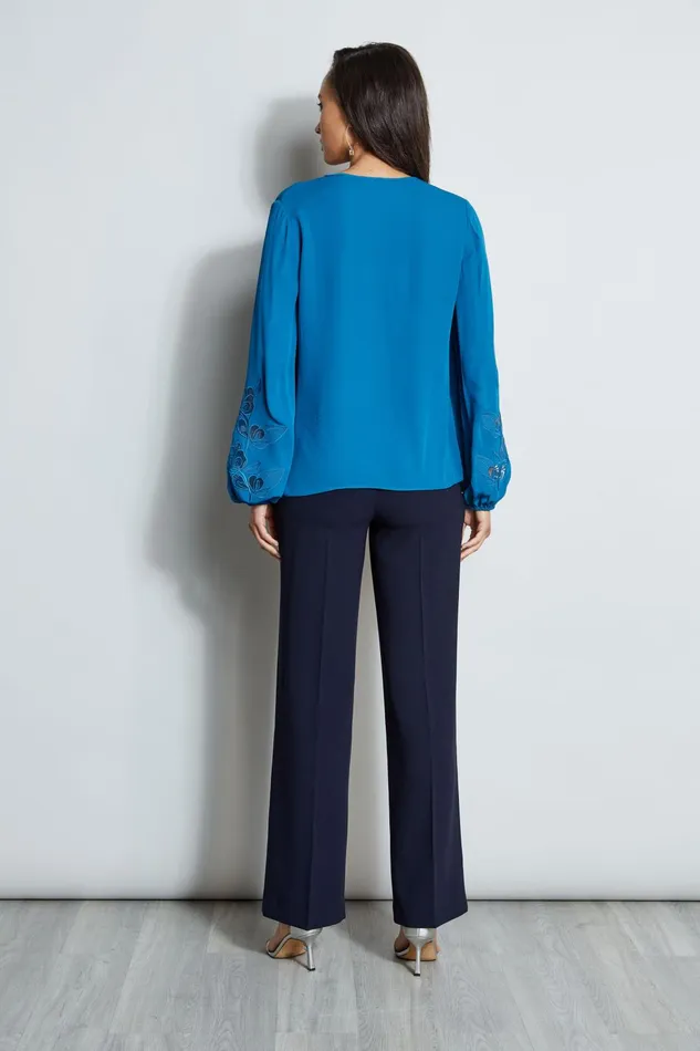 Outlet 8211 Women Tops Elie Tahari Embroidered Long Sleeve Shirt Pacific Blue