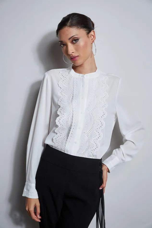 Outlet 8211 Women Tops Elie Tahari Lace Embroidered Shirt Sky White