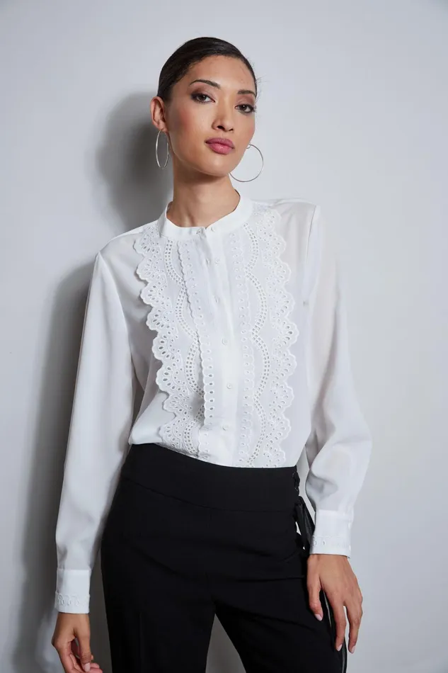 Outlet 8211 Women Tops Elie Tahari Lace Embroidered Shirt Sky White
