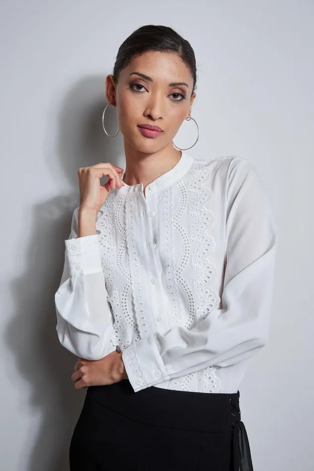 Outlet 8211 Women Tops Elie Tahari Lace Embroidered Shirt Sky White