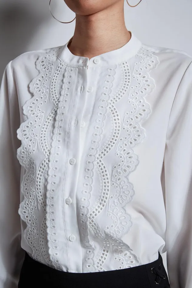 Outlet 8211 Women Tops Elie Tahari Lace Embroidered Shirt Sky White