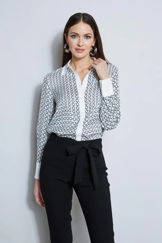 Outlet 8211 Women Tops Elie Tahari Link Print Button Down Shirt Link Print White Ground