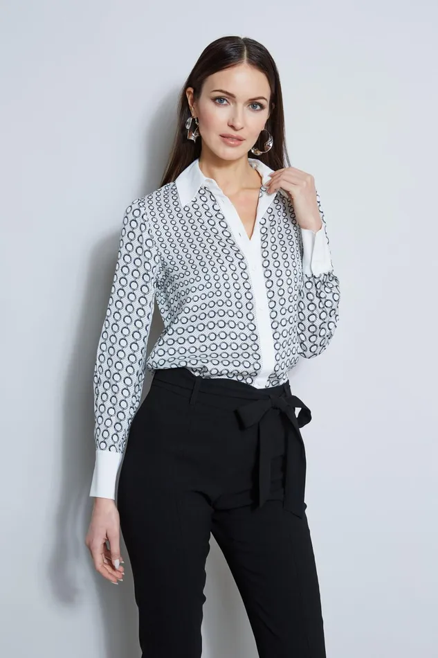 Outlet 8211 Women Tops Elie Tahari Link Print Button Down Shirt Link Print White Ground