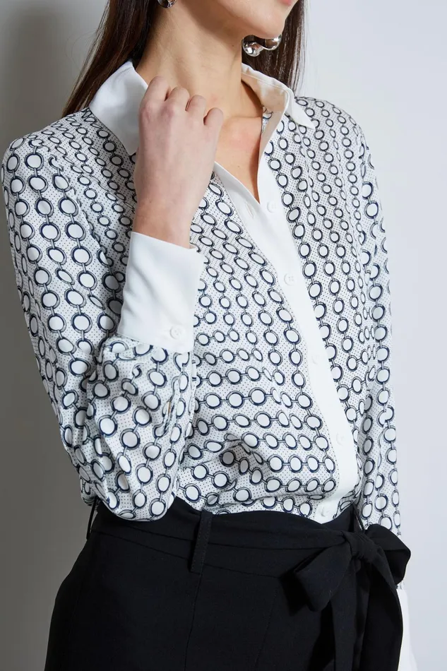 Outlet 8211 Women Tops Elie Tahari Link Print Button Down Shirt Link Print White Ground
