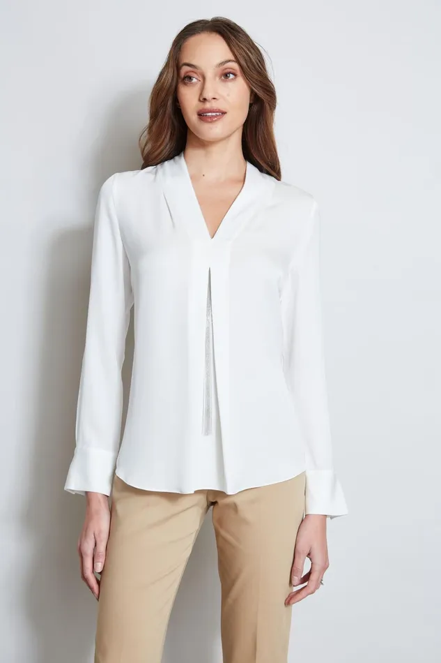 Outlet 8211 Women Tops Elie Tahari Long Sleeve Chain Shirt Fresh Pearl
