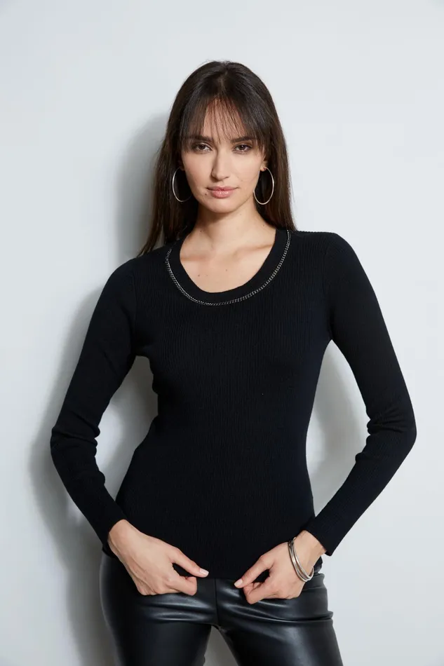 Outlet 8211 Women Tops Elie Tahari Merino Rib Chain Detail Sweater Black