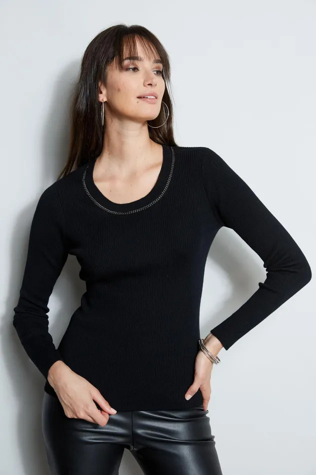 Outlet 8211 Women Tops Elie Tahari Merino Rib Chain Detail Sweater Black