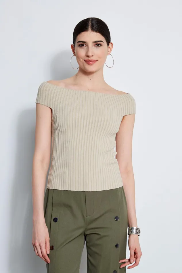Outlet 8211 Women Tops Elie Tahari Off Shoulder Rib Sweater Sand