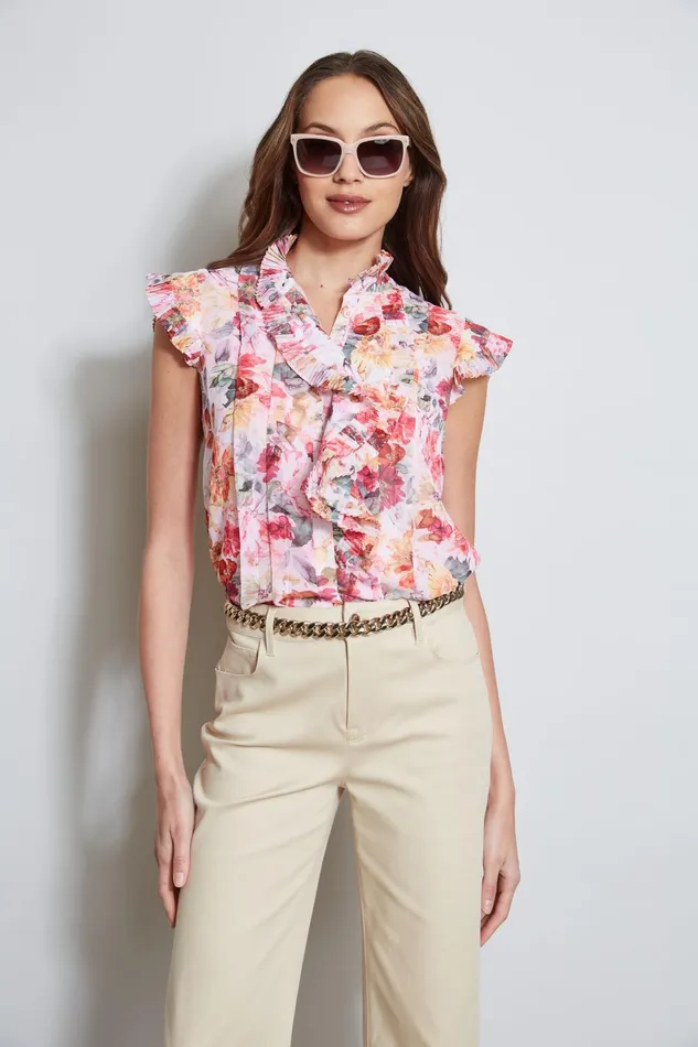 Outlet 8211 Women Tops Elie Tahari Pleated Floral Shirt Wonderland Print