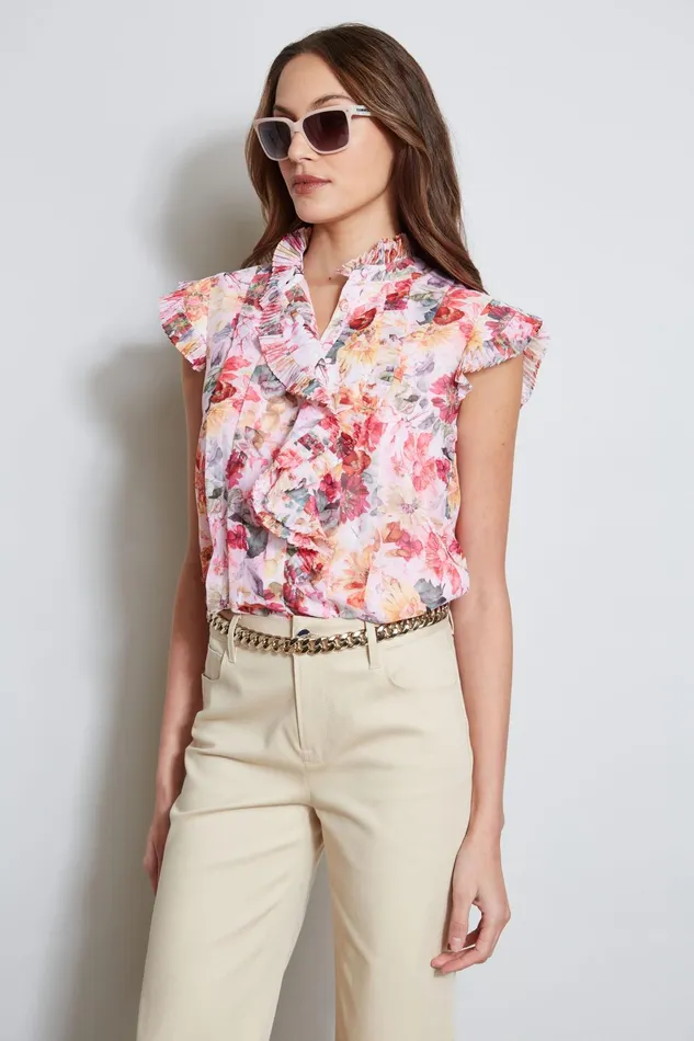 Outlet 8211 Women Tops Elie Tahari Pleated Floral Shirt Wonderland Print