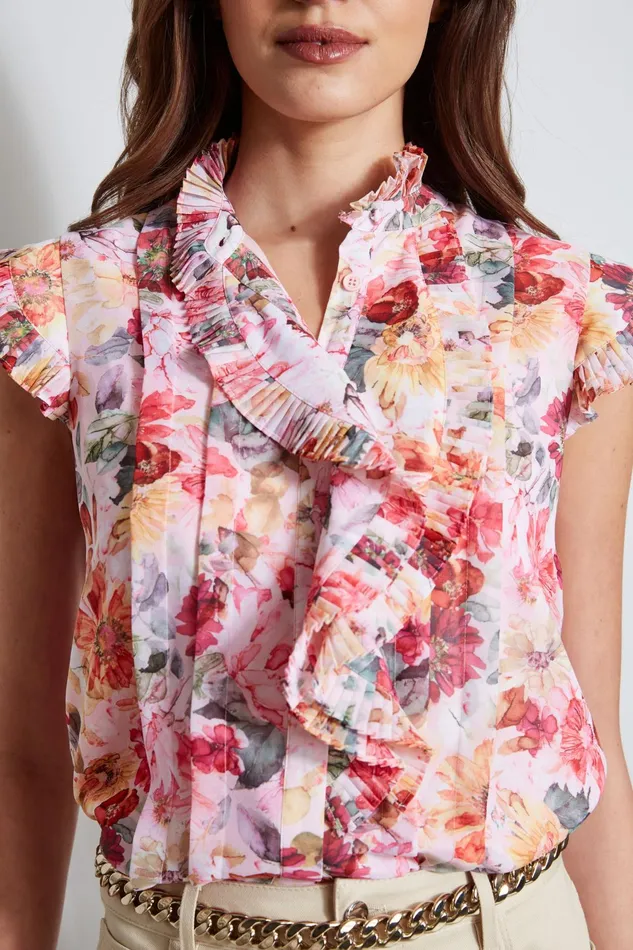 Outlet 8211 Women Tops Elie Tahari Pleated Floral Shirt Wonderland Print