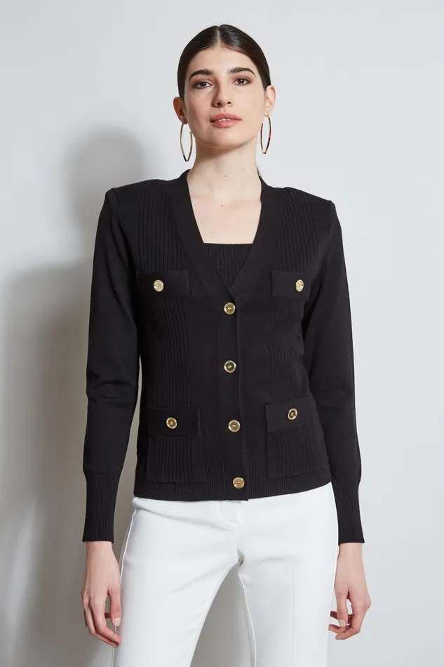 Outlet 8211 Women Tops Elie Tahari Rib Button Sweater Black