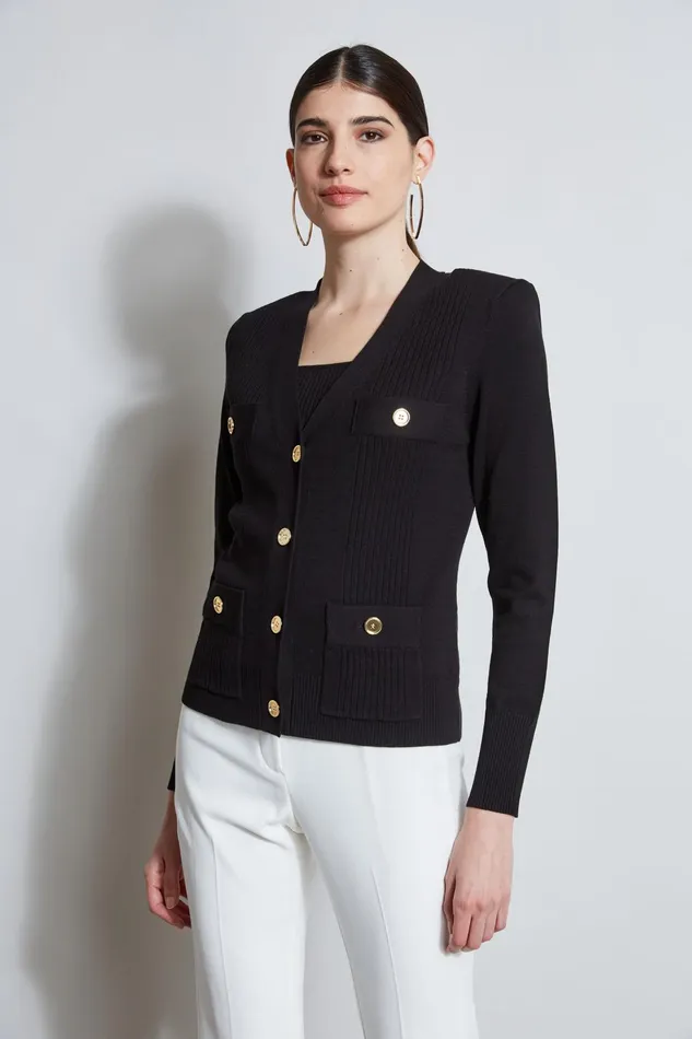 Outlet 8211 Women Tops Elie Tahari Rib Button Sweater Black