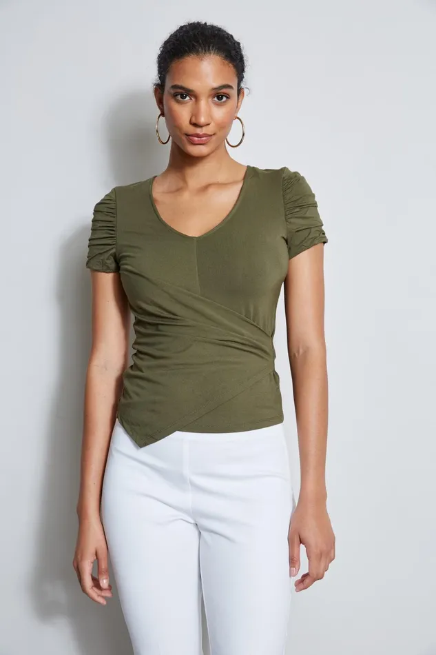 Outlet 8211 Women Tops Elie Tahari Ruched Sleeve VNeck Knit Willow Green