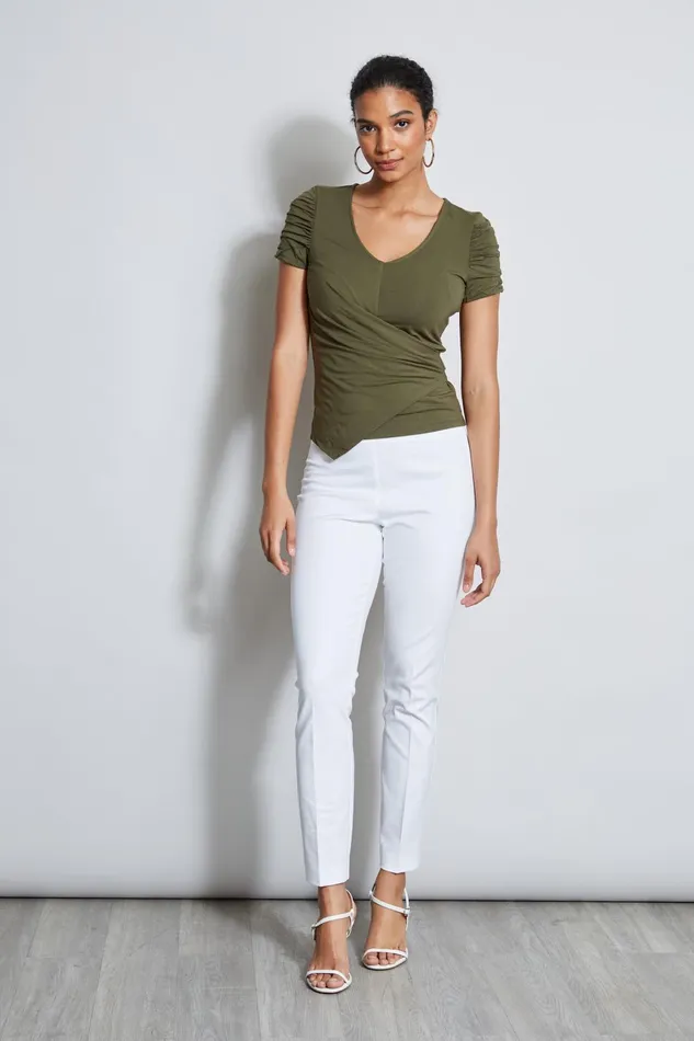 Outlet 8211 Women Tops Elie Tahari Ruched Sleeve VNeck Knit Willow Green