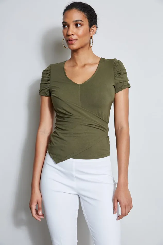 Outlet 8211 Women Tops Elie Tahari Ruched Sleeve VNeck Knit Willow Green