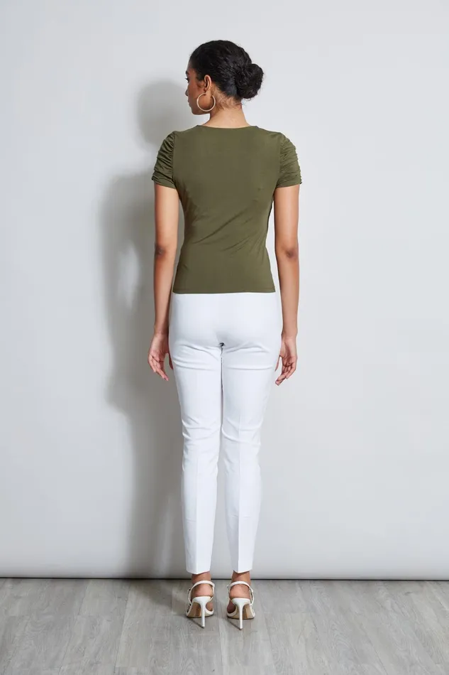Outlet 8211 Women Tops Elie Tahari Ruched Sleeve VNeck Knit Willow Green