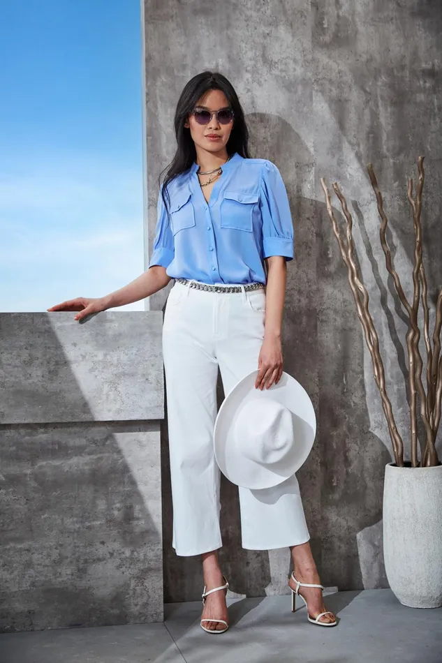 Outlet 8211 Women Tops Elie Tahari Short Sleeve Silk Utility Shirt Horizon Blue