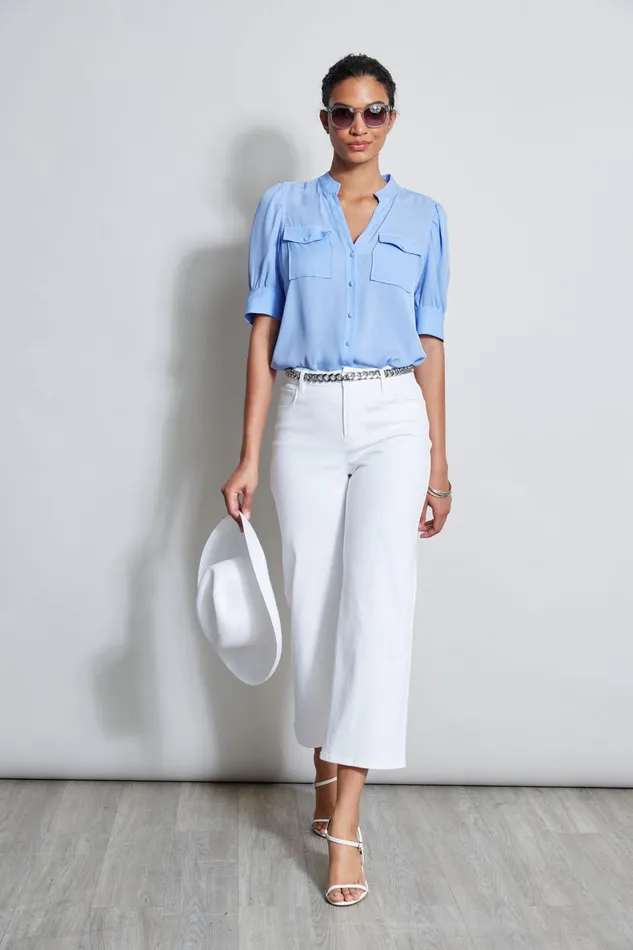 Outlet 8211 Women Tops Elie Tahari Short Sleeve Silk Utility Shirt Horizon Blue