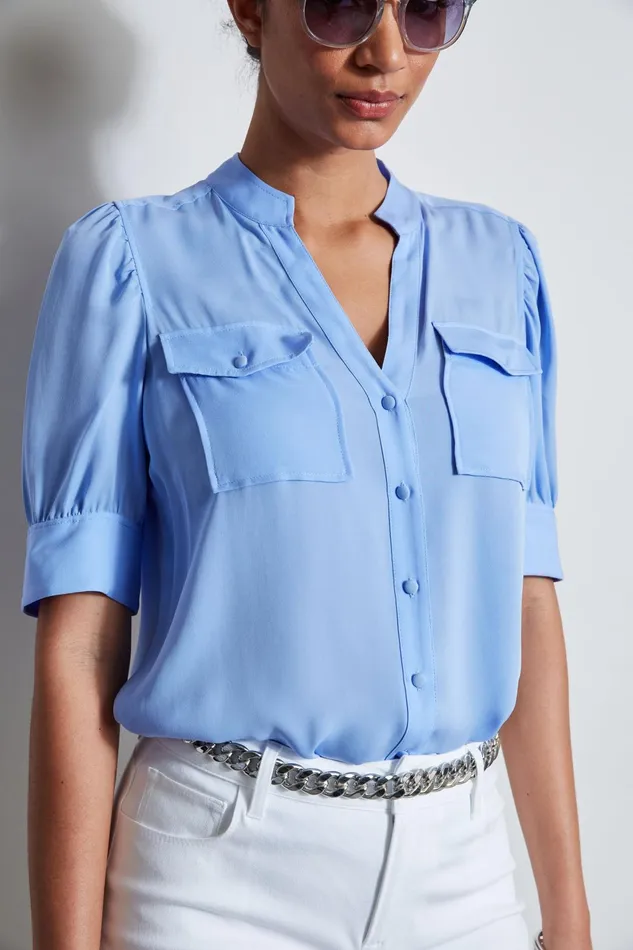 Outlet 8211 Women Tops Elie Tahari Short Sleeve Silk Utility Shirt Horizon Blue