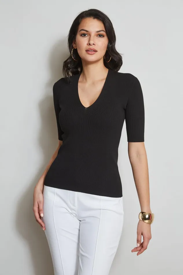 Outlet 8211 Women Tops Elie Tahari Short Sleeve VNeck Rib Sweater Noir