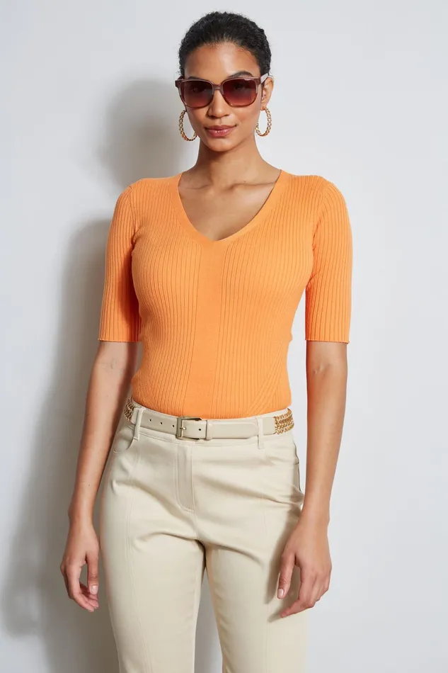 Outlet 8211 Women Tops Elie Tahari Short Sleeve VNeck Rib Sweater Sunrise